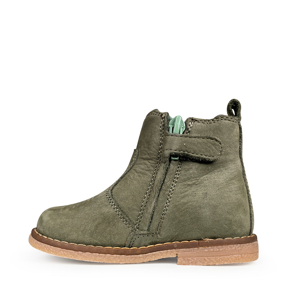 Romagnoli Chelsea boot voor kinderen in olijfgroen leer met rits en velcrosluiting, bruine zool