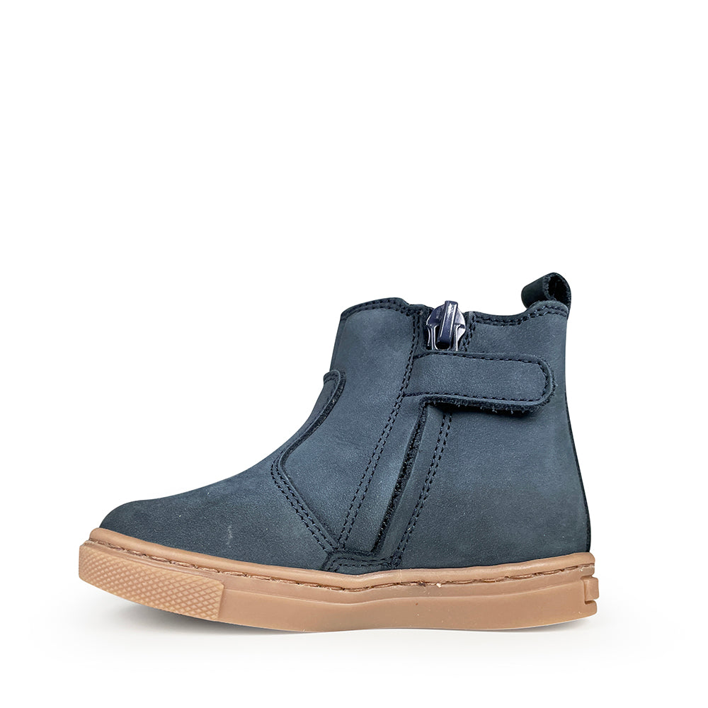 Zijkant van donkerblauwe Babybotte bottine voor kinderen met rits en klittenbandsluiting