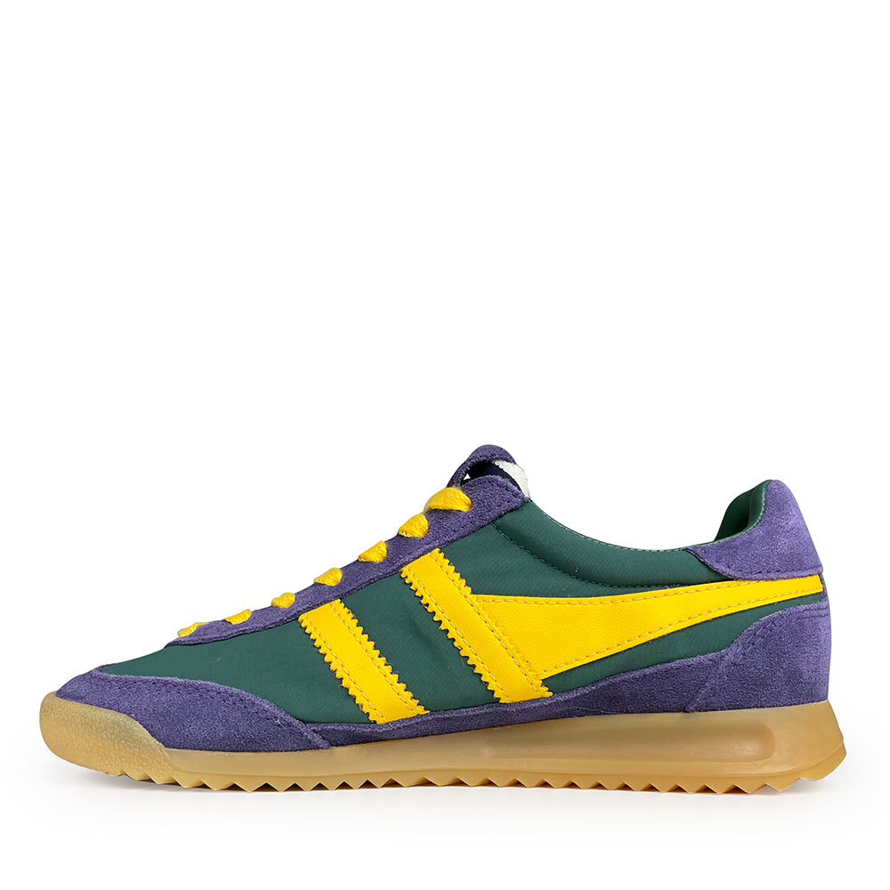 Zijaanzicht van de Firefly Gola sneaker in groen met paarse en gele accenten