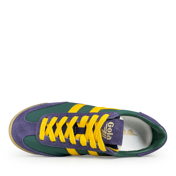 Bovenaanzicht van Gola sneaker in groen met gele veters en paarse accenten