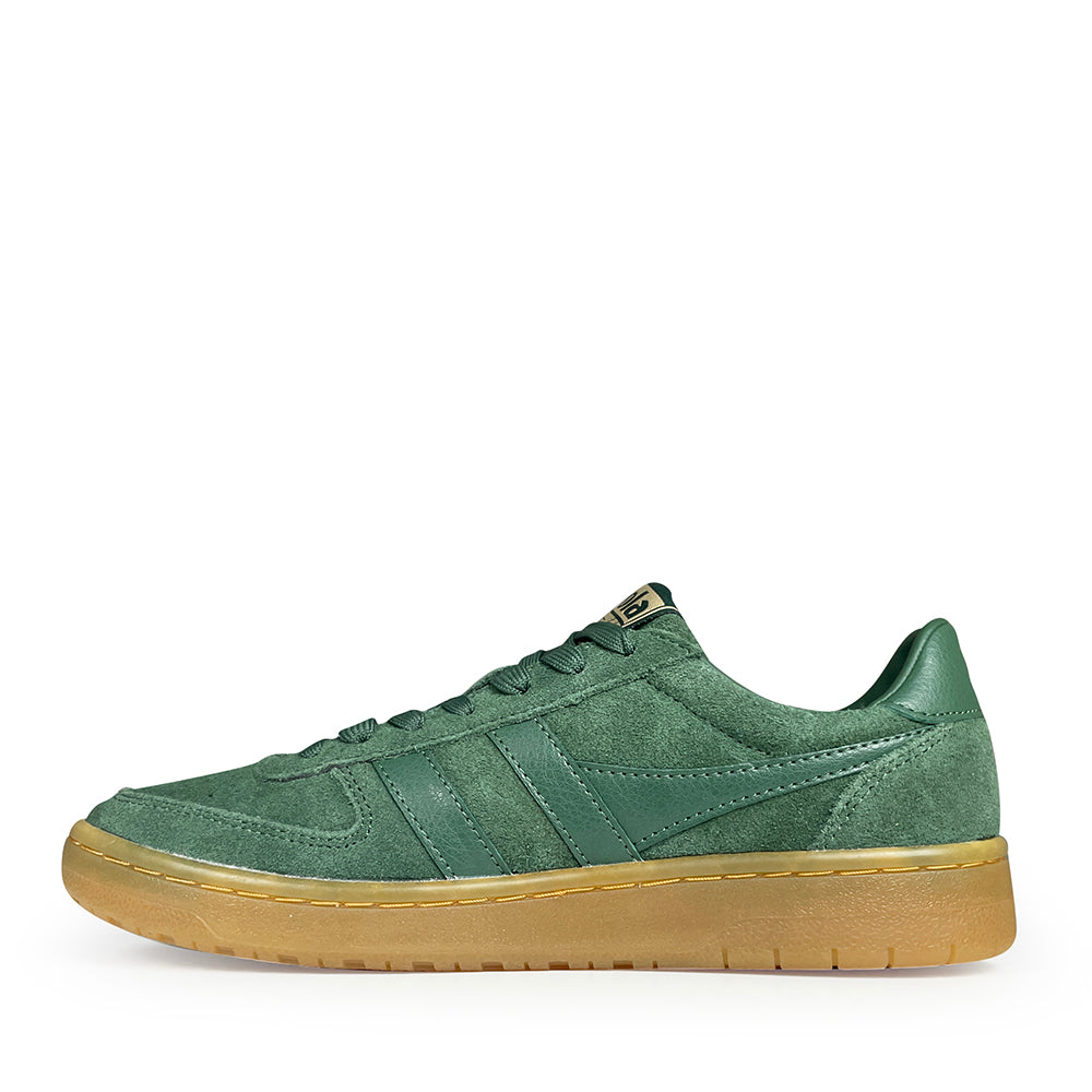 Zijaanzicht van groene Gola hawk sneaker in suéde leer