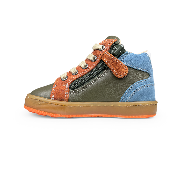 Olijfgroene sneaker met blauw en roest