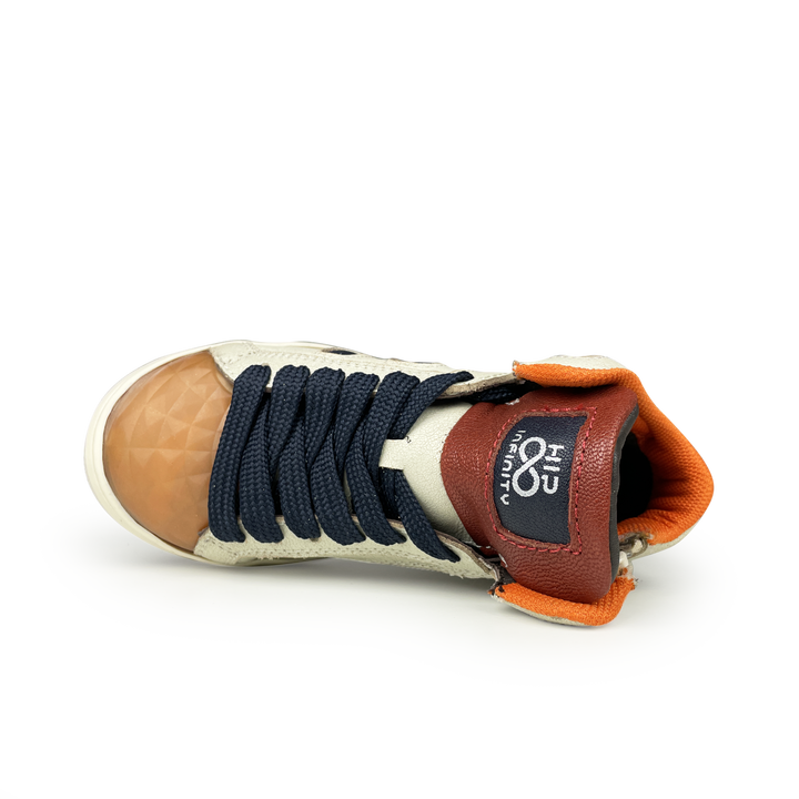 Hoge beige sneaker met zwart, bruin en rood