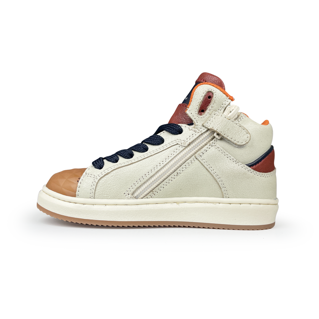 Hoge beige sneaker met zwart, bruin en rood