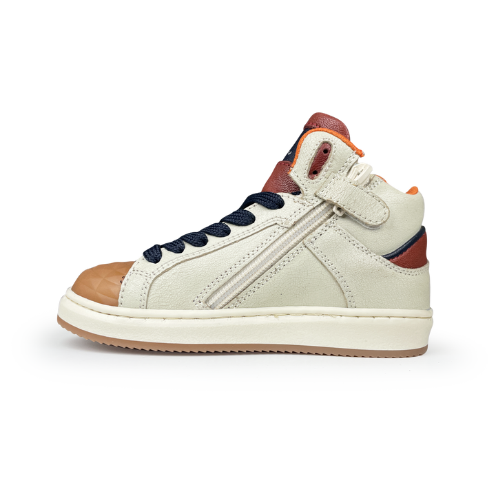 Hoge beige sneaker met zwart, bruin en rood