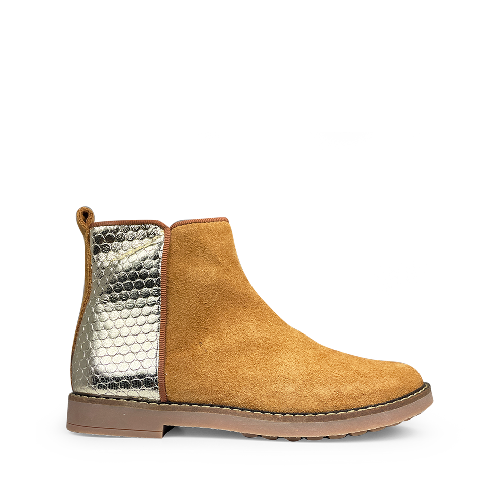 Pom d’Api enkellaars in camel suède met goud metallic achterkant voor kinderen