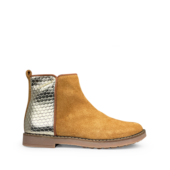 Pom d’Api enkellaars in camel suède met goud metallic achterkant voor kinderen