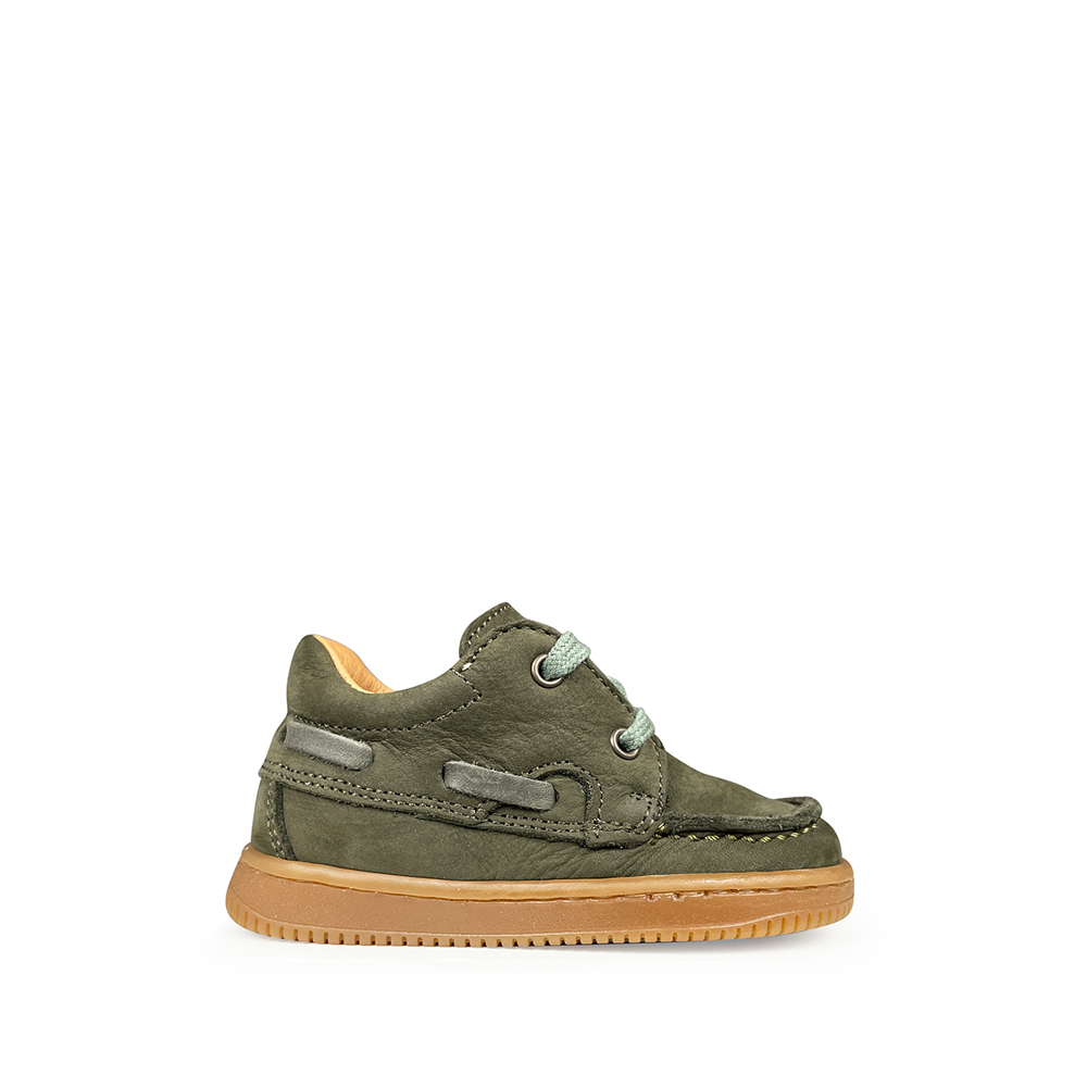 Romagnoli groene bootschoen voor kinderen, zijaanzicht met vetersluiting.