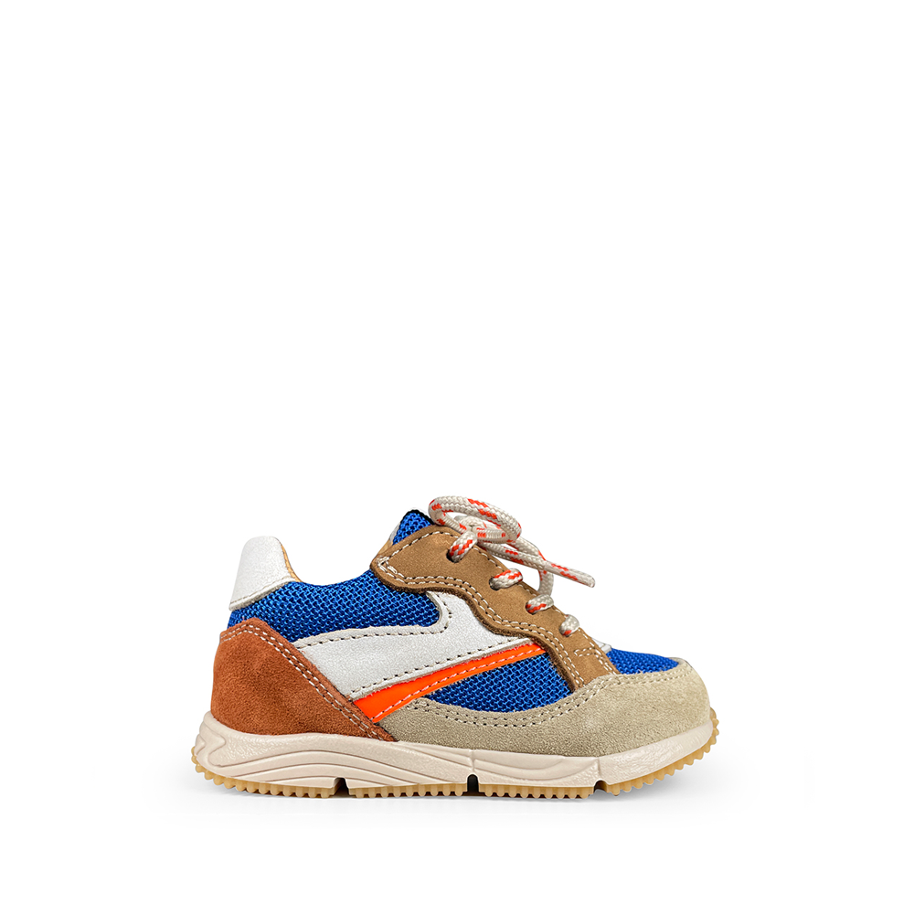 Romagnoli Runner kinderschoen in blauw en zandkleurig leer met oranje accent, rits- en velcrosluiting en beige zool