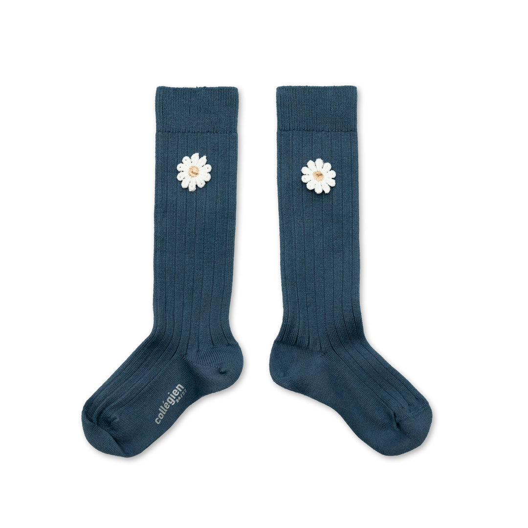 Valentine - Ribbed Knee-high Socks with Daisy - Bleu Cendré