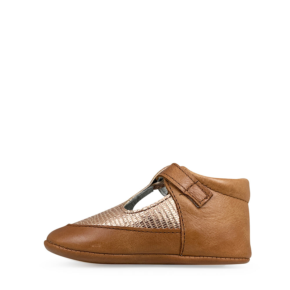 Brown open pre-walking shoe with copper accent