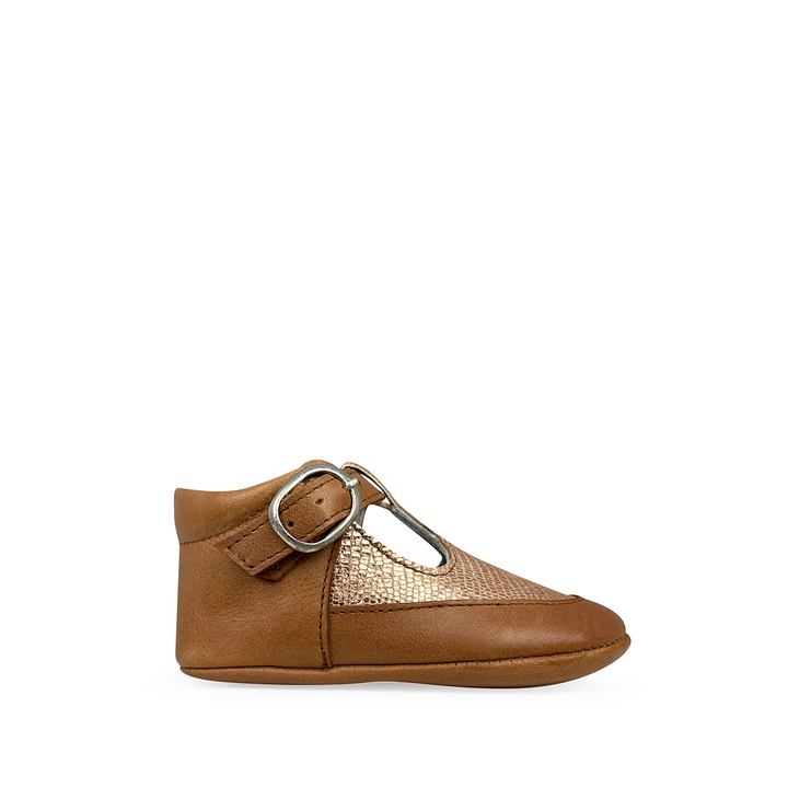 Brown open pre-walking shoe with copper accent