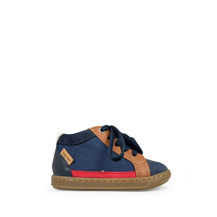 Blauwe sneaker met cognac