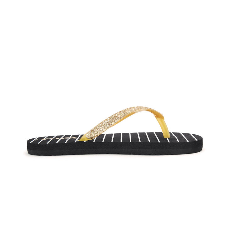 Black striped flip flop with gold straps