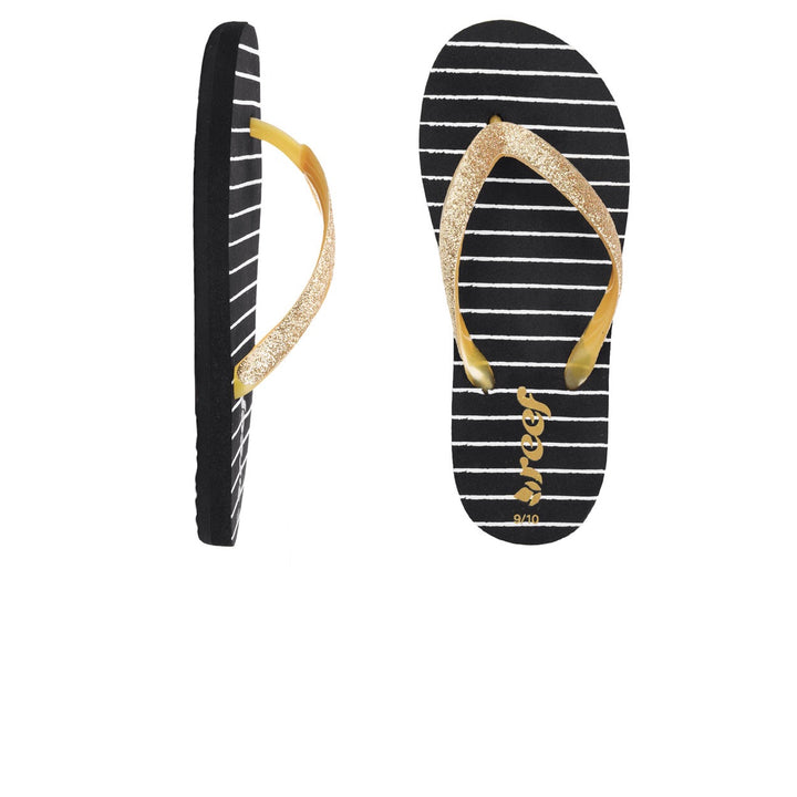 Black striped flip flop with gold straps