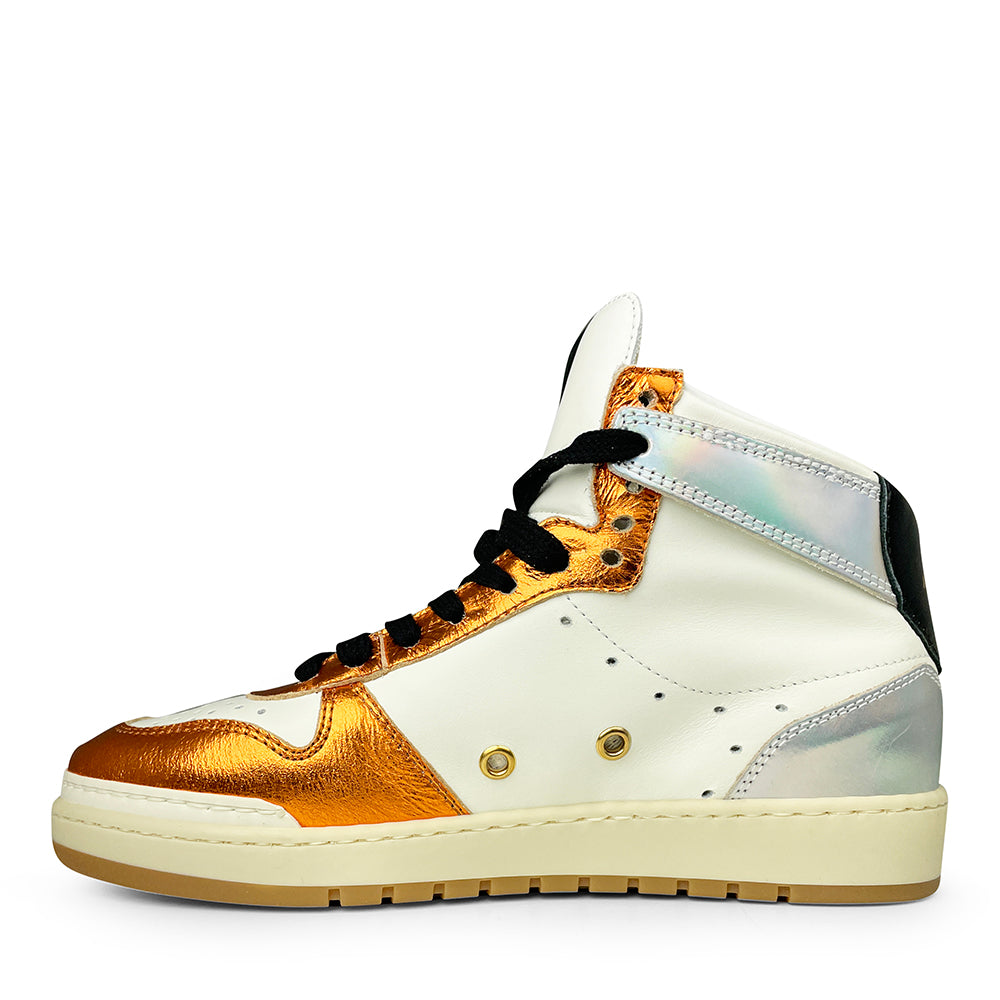 Mid-high white sneaker with bronze and silver