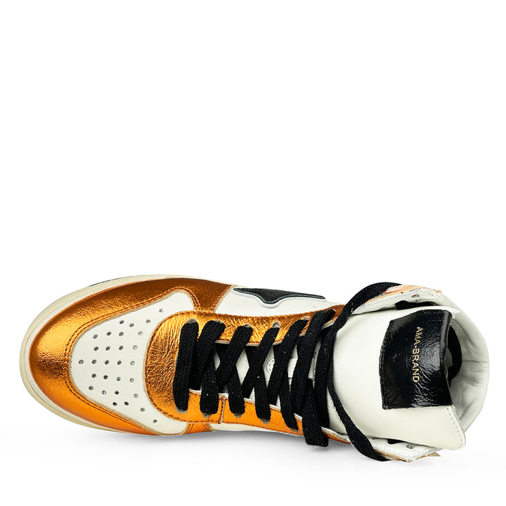 Mid-high white sneaker with bronze and silver