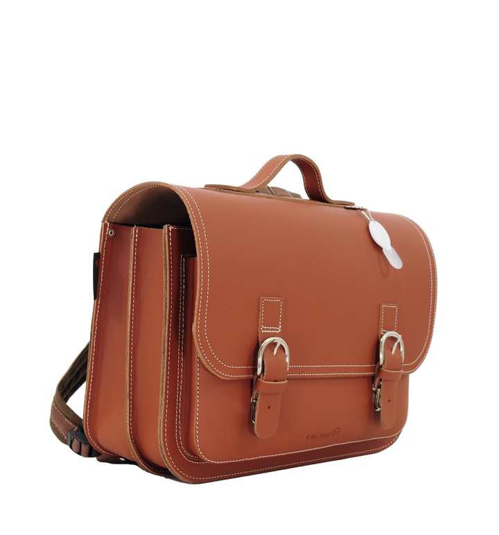 Leather school bag in cognac/brown with buckle closure