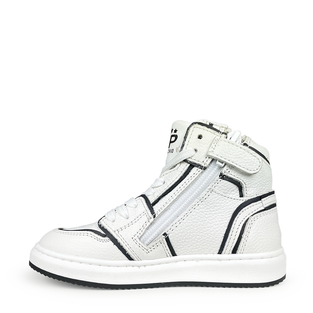 White sneaker with black lines