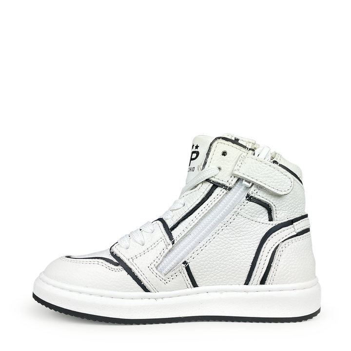 White sneaker with black lines