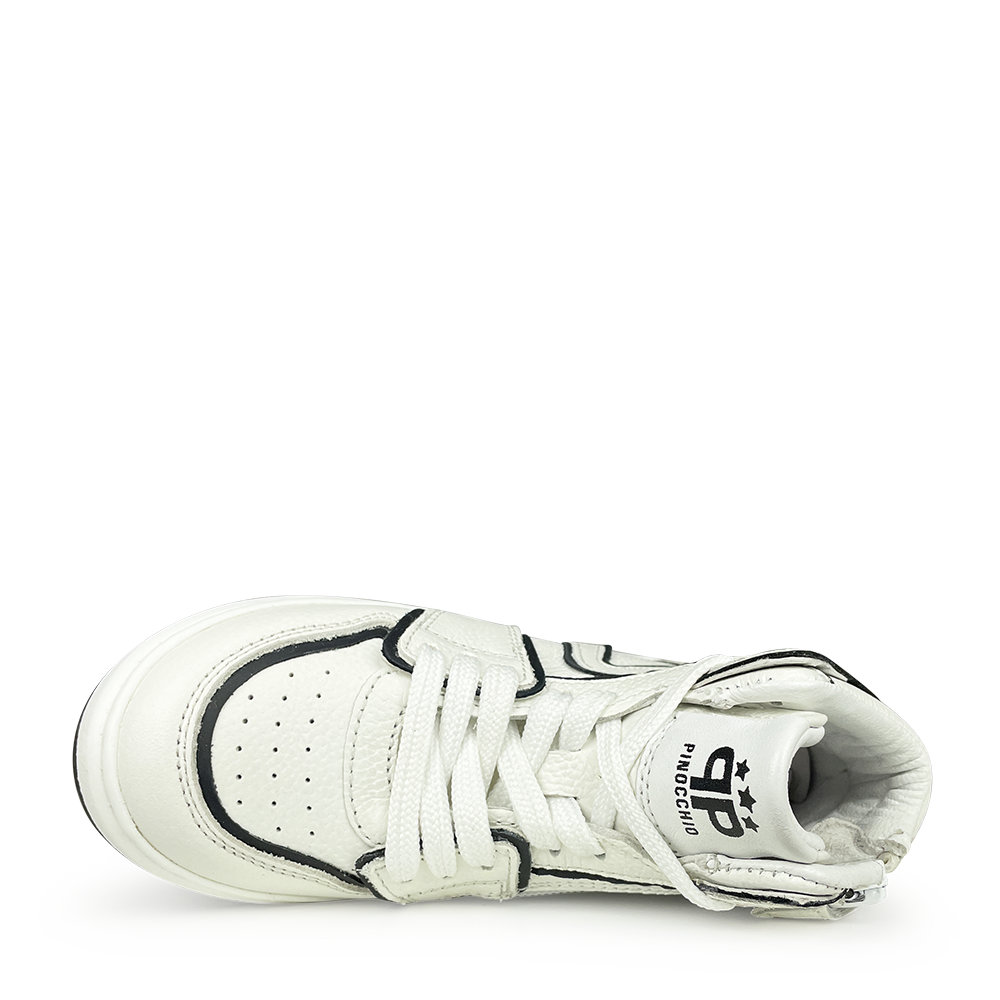 White sneaker with black lines