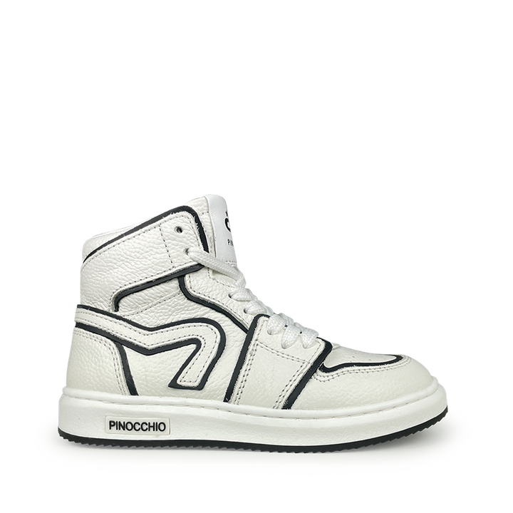 White sneaker with black lines