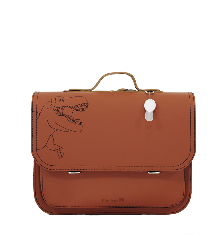 Cognac leather dino book bag with magnetic closure