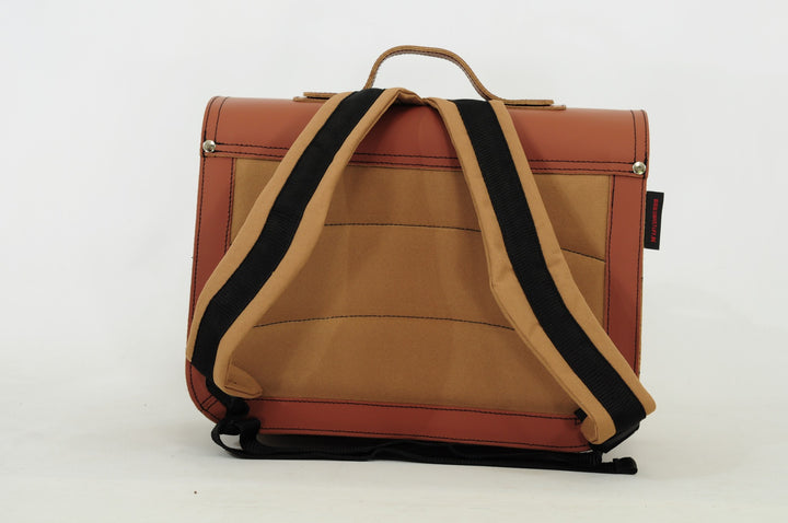 Cognac leather dino book bag with magnetic closure