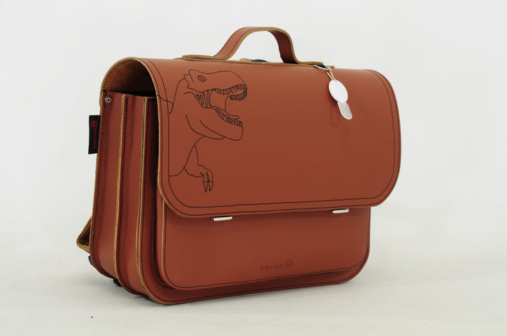 Cognac leather dino book bag with magnetic closure