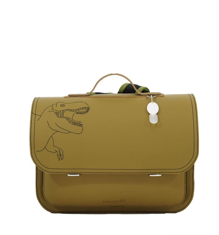 Green leather dino book bag with magnetic closure