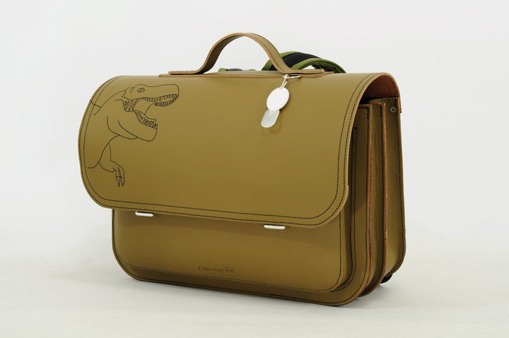 Green leather dino book bag with magnetic closure