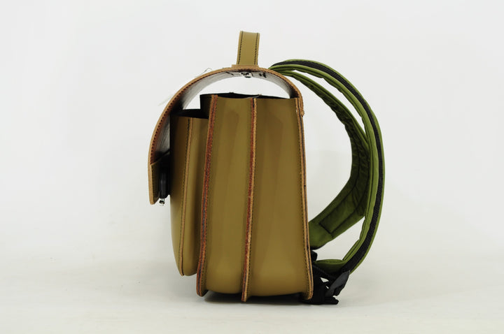 Green leather dino book bag with magnetic closure