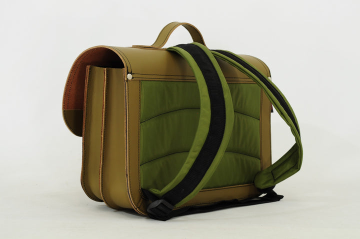 Green leather dino book bag with magnetic closure