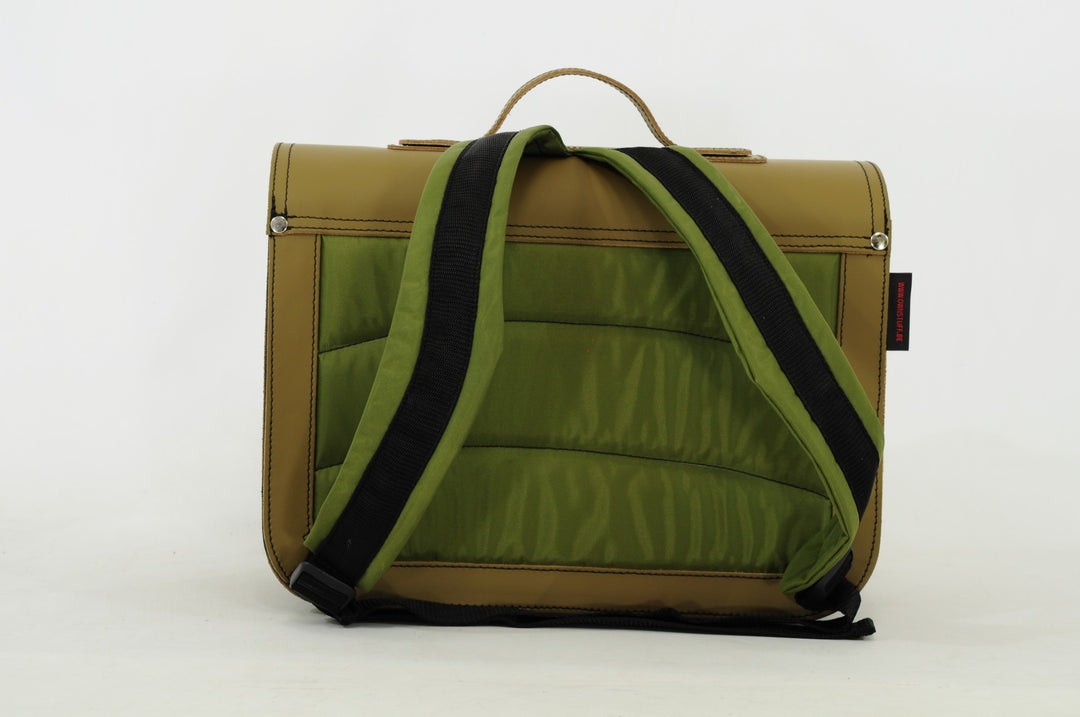 Green leather dino book bag with magnetic closure