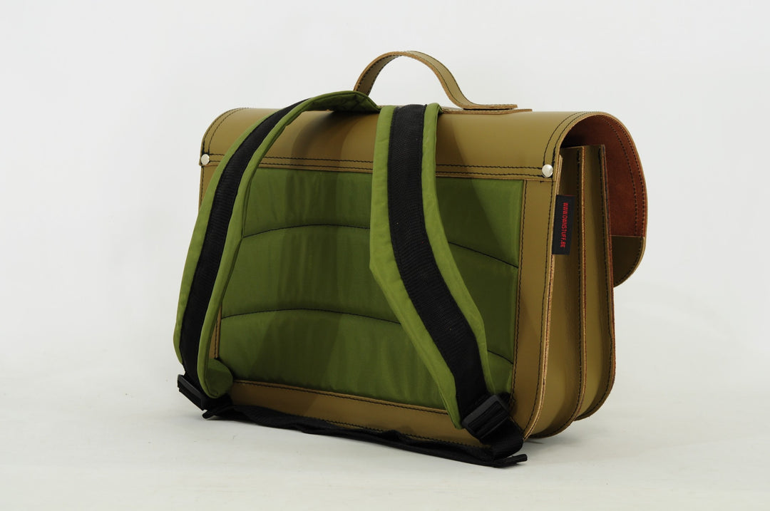 Green leather dino book bag with magnetic closure