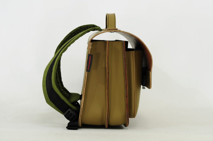 Green leather dino book bag with magnetic closure