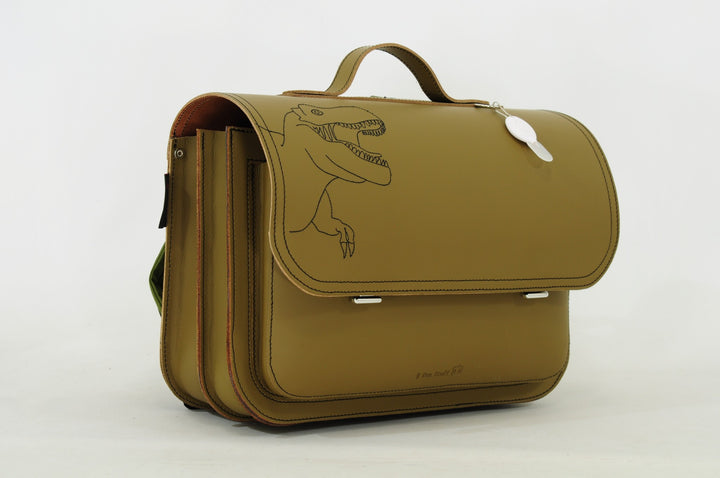 Green leather dino book bag with magnetic closure