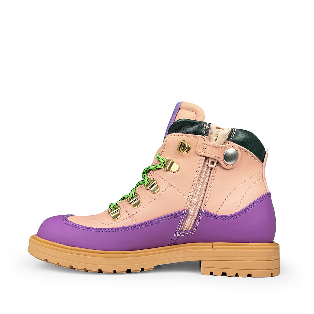 Pink ankle boots with purple