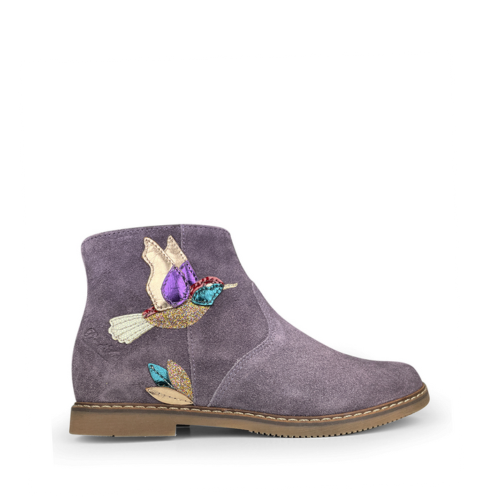 Purple nubuck boot with hummingbird