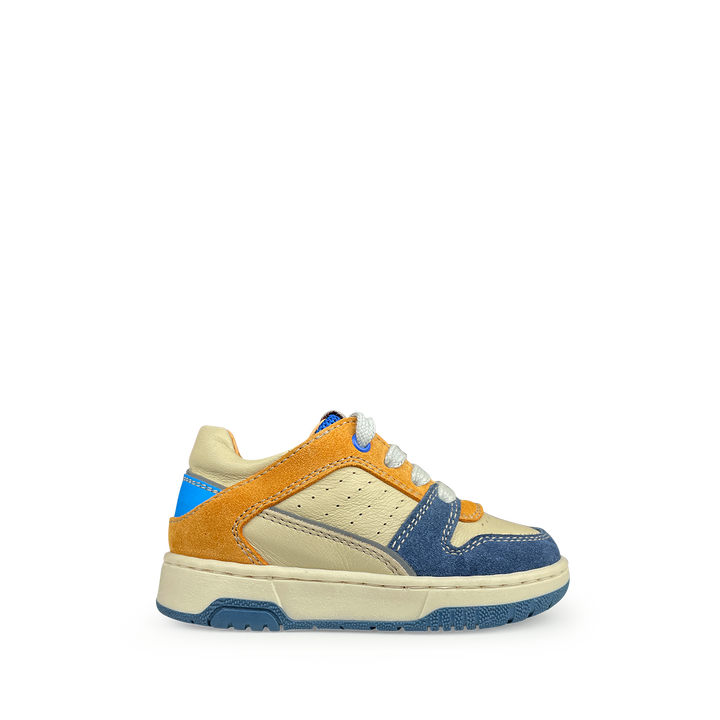 Beige sneaker met blauw en oker