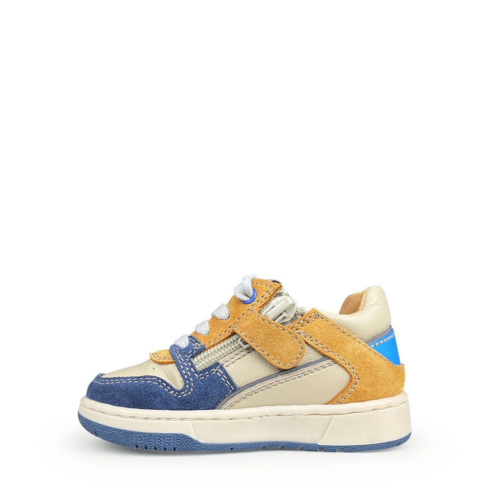 Beige sneaker met blauw en oker