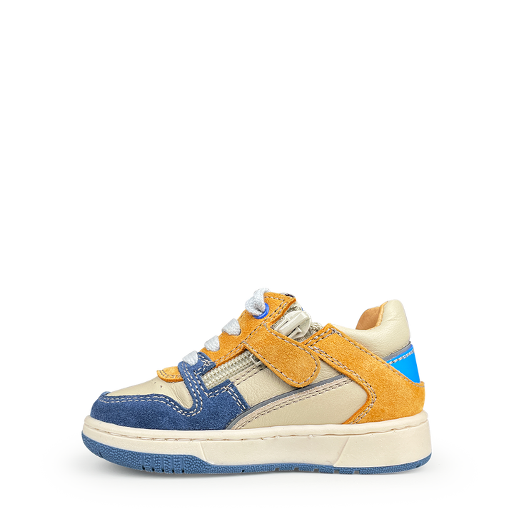 Beige sneaker met blauw en oker