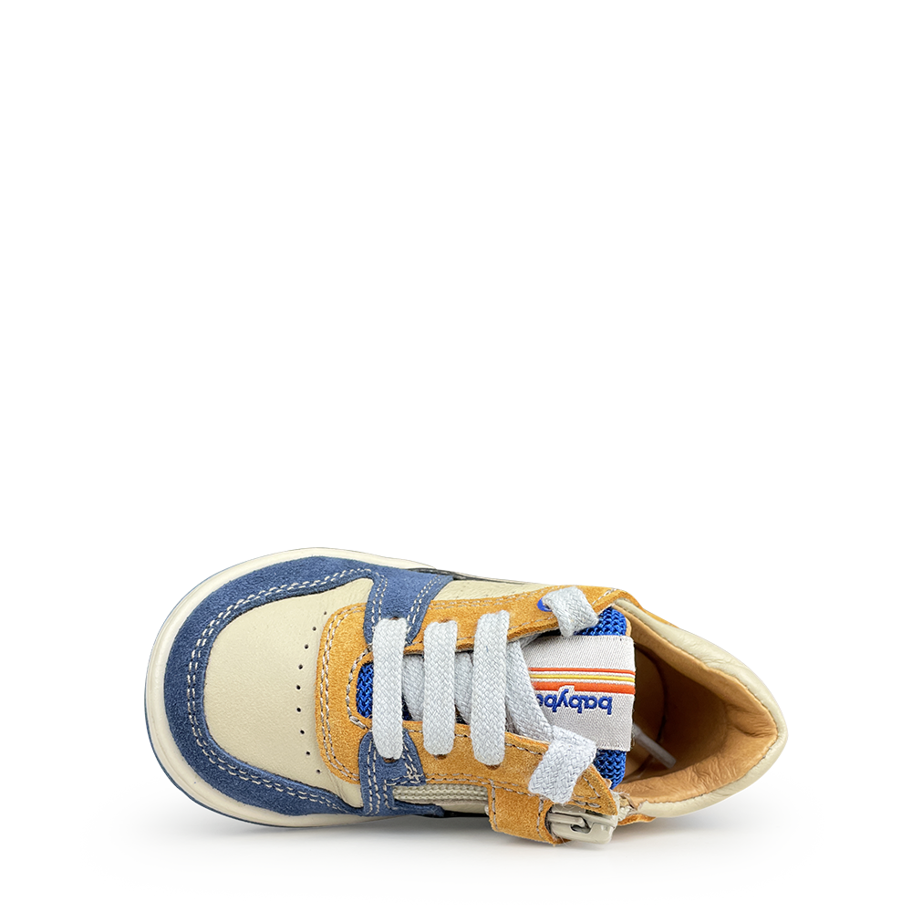 Beige sneaker met blauw en oker