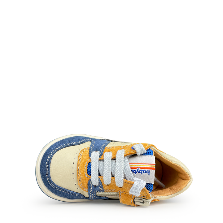 Beige sneaker met blauw en oker