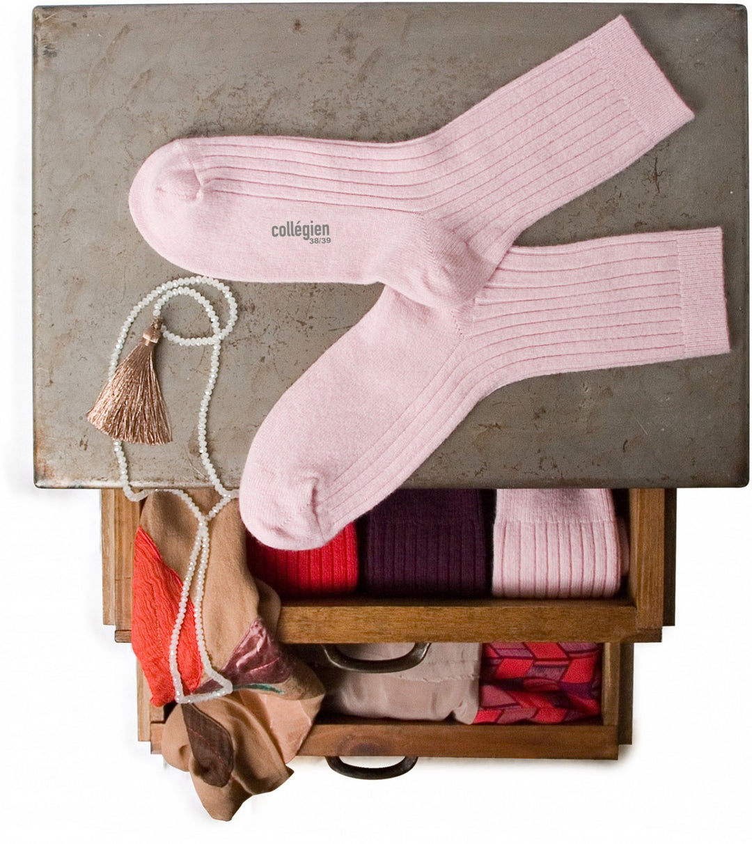 Mid-high stocking wool-cashmere pink tendresse