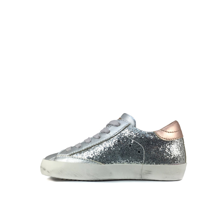 Glitter lace-up sneaker in silver and rose