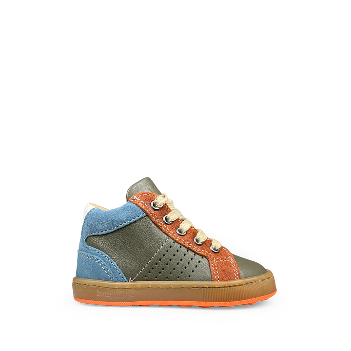 Olijfgroene sneaker met blauw en roest