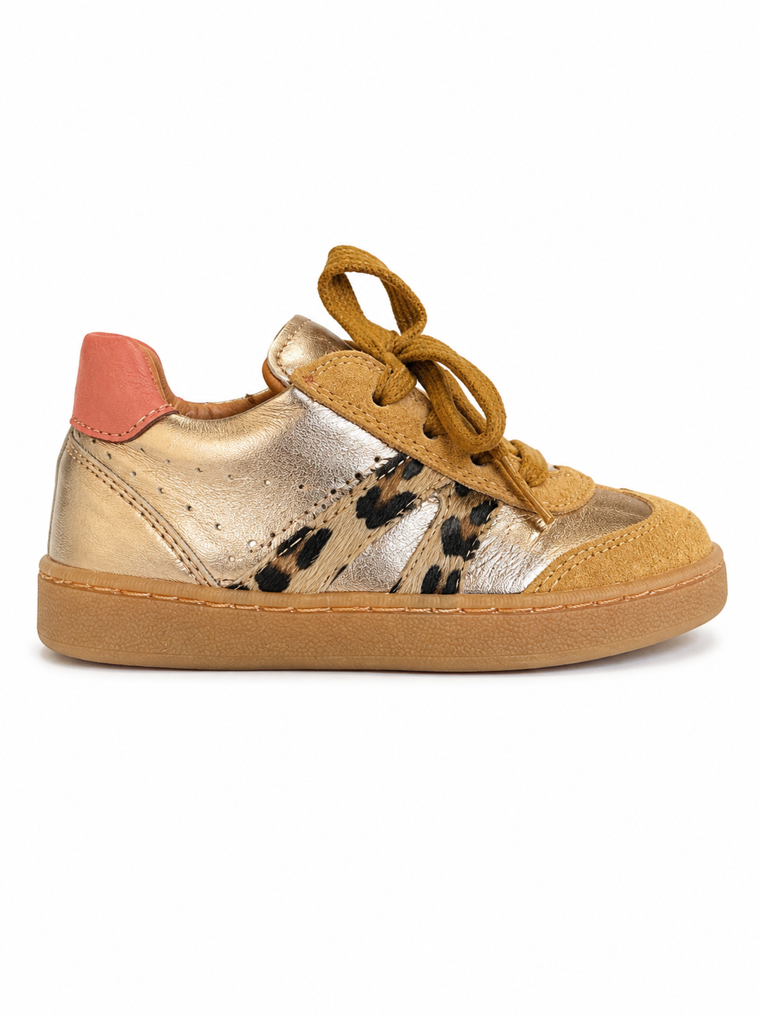 Sneaker oker, goud en leopard detail