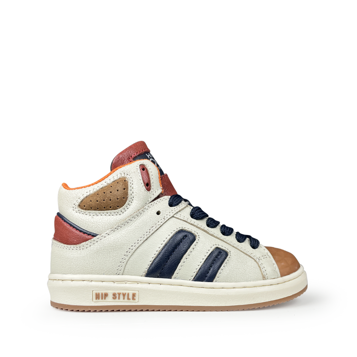 Hoge beige sneaker met zwart, bruin en rood
