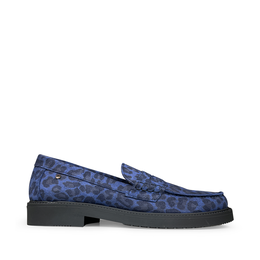 Blauwe suède Confetti loafer met luipaardprint voor meisjes – Anna Pops

